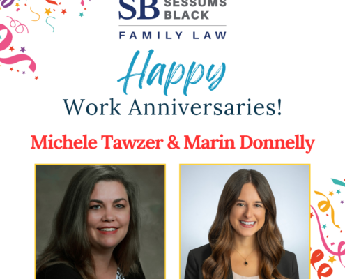 A colorful graphic features confetti, the navy and gray logo for Sessums Black Family Law, and two photos of women with long dark hair smiling at the camera